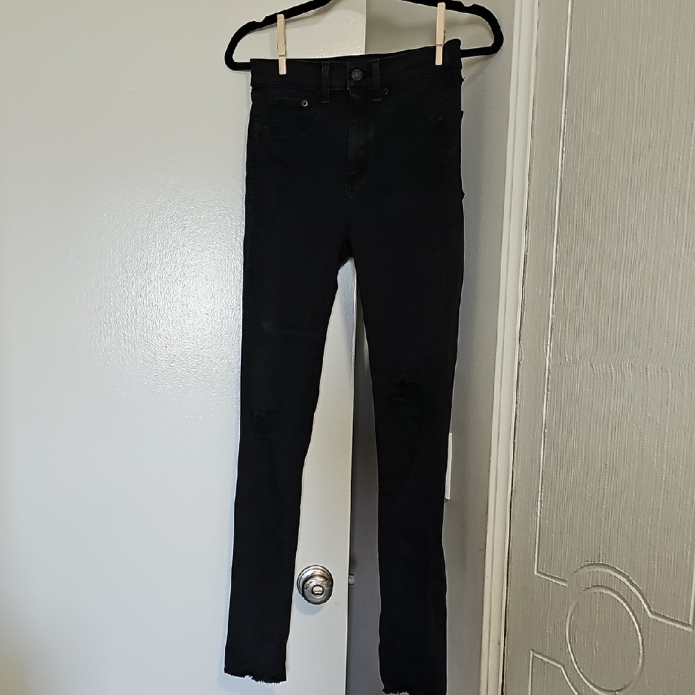 Rag & Bone High Rise Skinny Jeans Distressed Knees/Raw Hem Dark Gray Siz…